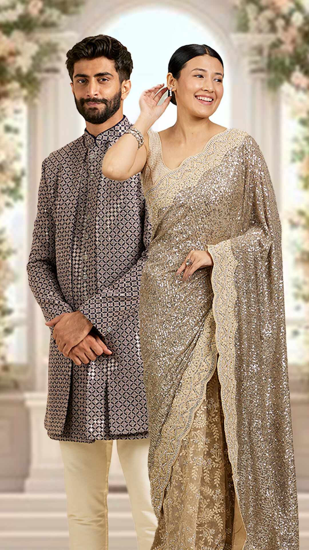 A groomsmen in elegant sherwani and bridesmaid in beautifull sare